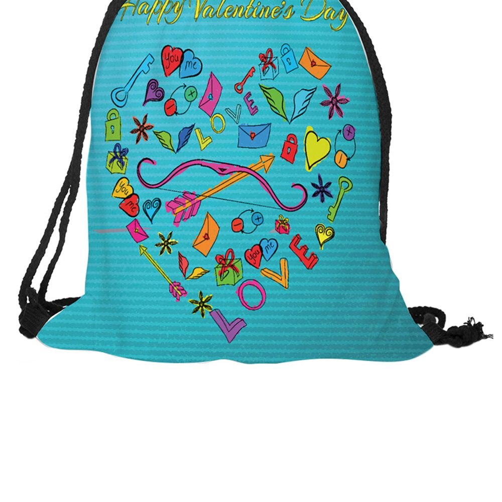 Valentine's Day Digital Print Bundle Backpack bag with rope backpack With English "Happy Valentine's Day" heart / key / b - ebowsos