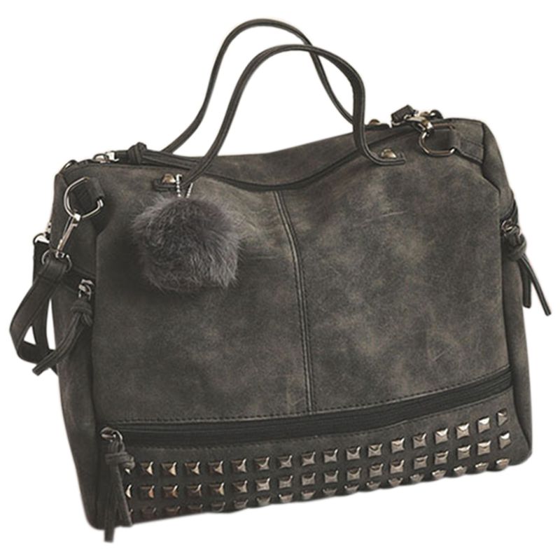 Vintage PU leather Ladies Handbags Rivet Larger Women Bags Hair Ball Shoulder Bag Motorcycle Messenger Bag Top-Handle Bag - ebowsos