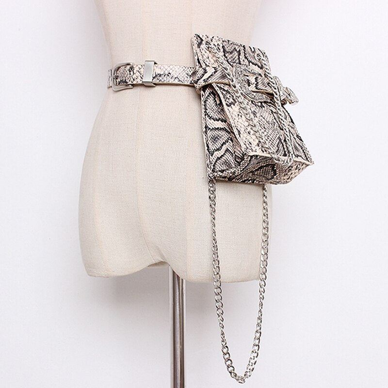 Waist Pack Women Serpentine Fanny Pack Leather Shoulder Bag Fashion Waist Belt Bag Women Small Phone Pouch Crossbody Bags - ebowsos