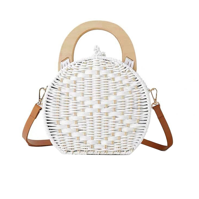 Woman Fashion Wooden Handle Rattan Knit Bag White Straw Bag Shoulder Messenger Bag - ebowsos