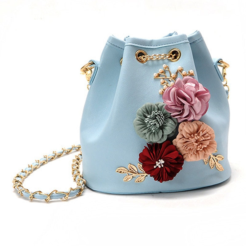 Woman Pouch Bucket Embroidery Bag Flowers and Beads 3D With Chain Bag Messenger Crossbody Bag Girl Shoulder Bag Crossbody - ebowsos