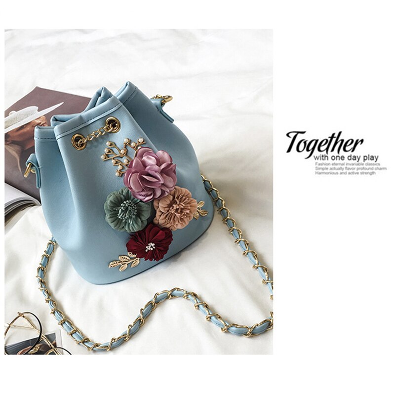 Woman Pouch Bucket Embroidery Bag Flowers and Beads 3D With Chain Bag Messenger Crossbody Bag Girl Shoulder Bag Crossbody - ebowsos