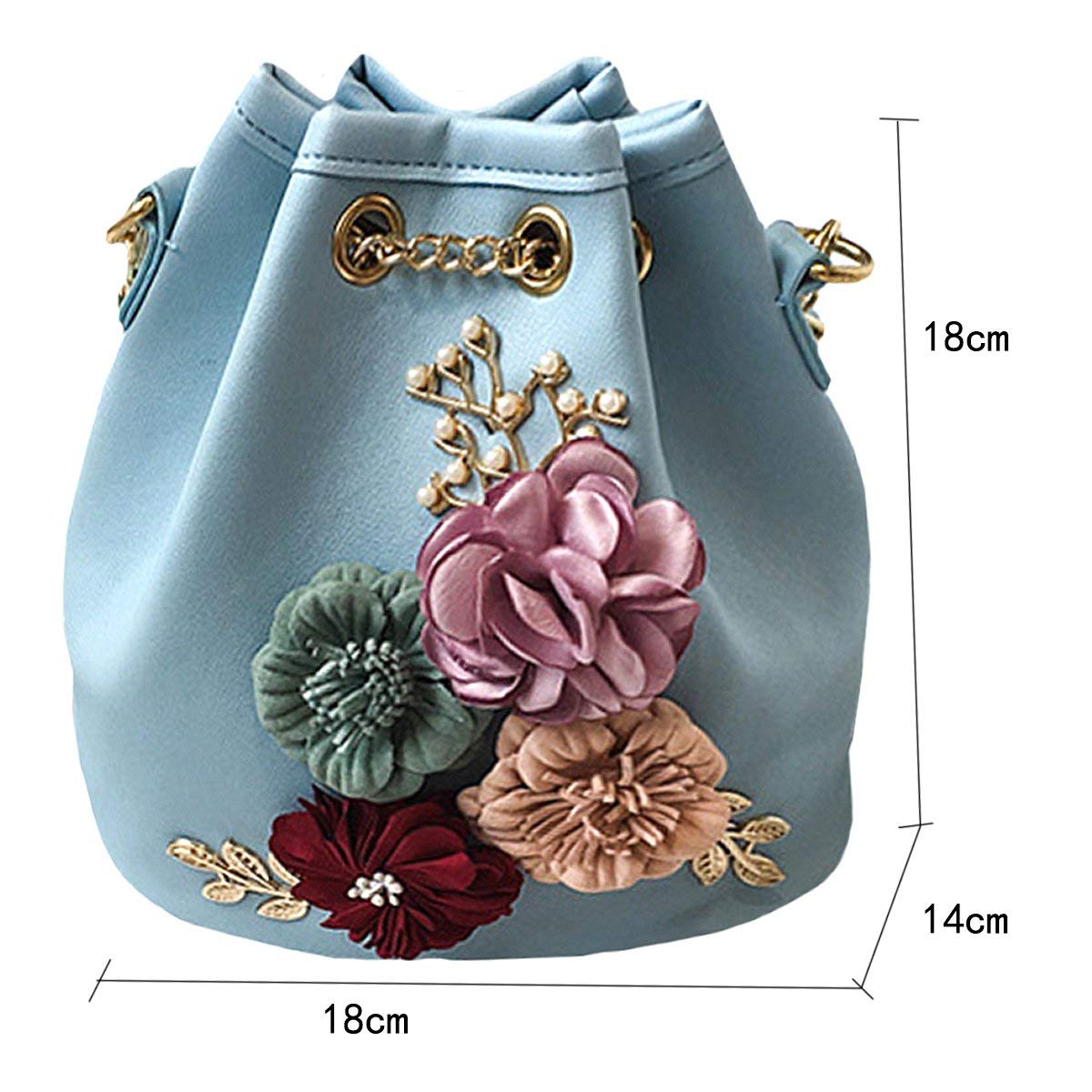 Woman Pouch Bucket Embroidery Bag Flowers and Beads 3D With Chain Bag Messenger Crossbody Bag Girl Shoulder Bag Crossbody - ebowsos