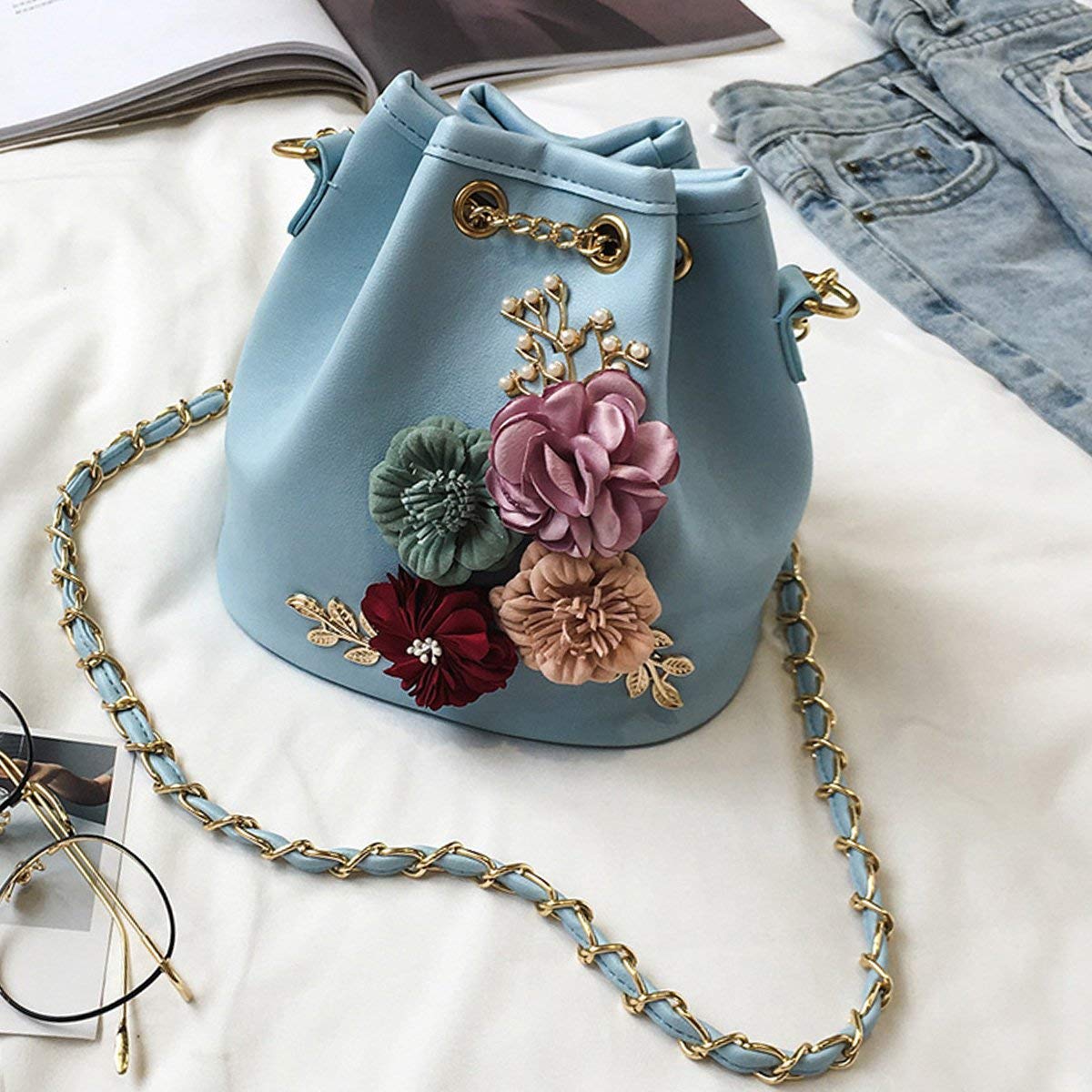 Woman Pouch Bucket Embroidery Bag Flowers and Beads 3D With Chain Bag Messenger Crossbody Bag Girl Shoulder Bag Crossbody - ebowsos