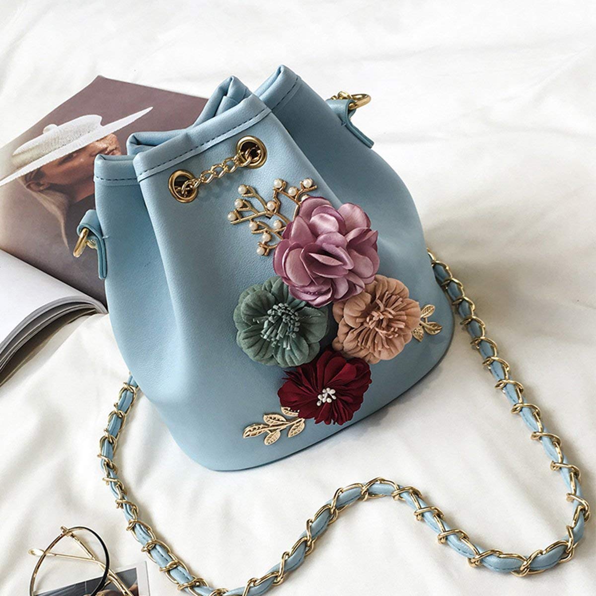 Woman Pouch Bucket Embroidery Bag Flowers and Beads 3D With Chain Bag Messenger Crossbody Bag Girl Shoulder Bag Crossbody - ebowsos