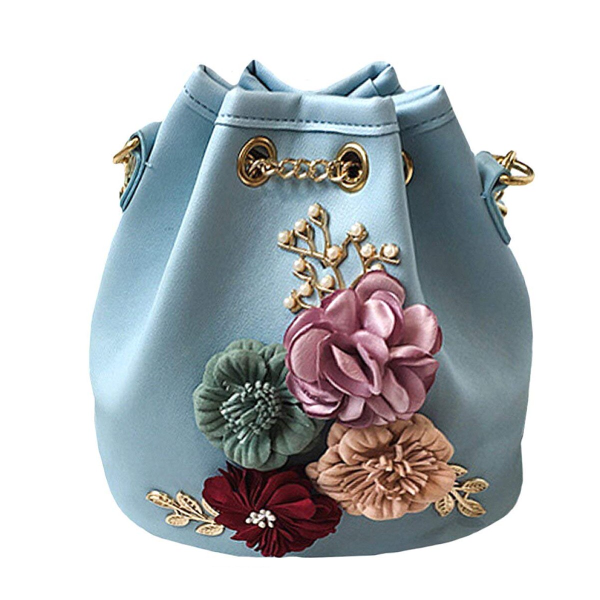 Woman Pouch Bucket Embroidery Bag Flowers and Beads 3D With Chain Bag Messenger Crossbody Bag Girl Shoulder Bag Crossbody - ebowsos