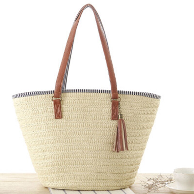 Woman Straw Beach Bag Handbags Carrying Bag Tote, Cotton Lining, PU Leather Handles (Beige) - ebowsos