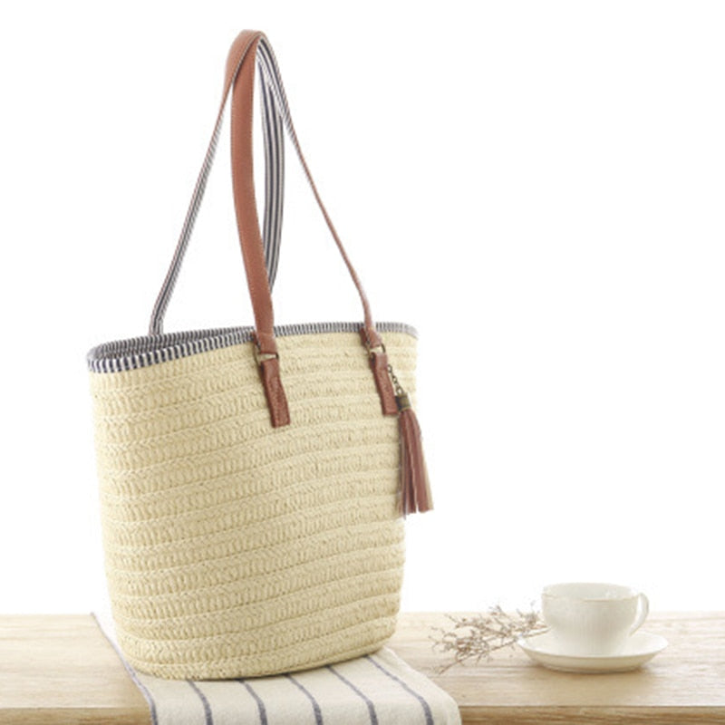 Woman Straw Beach Bag Handbags Carrying Bag Tote, Cotton Lining, PU Leather Handles (Beige) - ebowsos