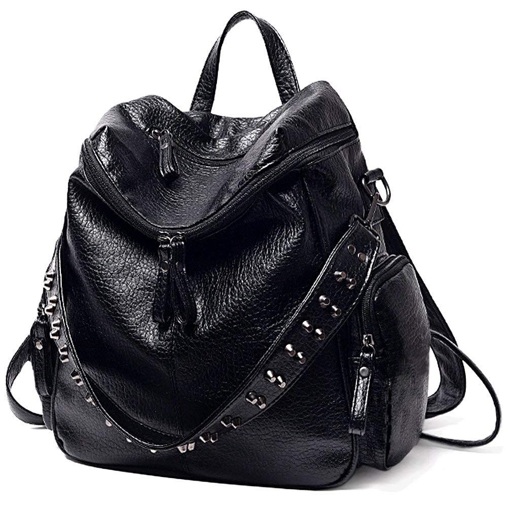 Women Backpack Purse 3 ways PU Washed Leather Rivet Studded Ladies Rucksack Shoulder Bag - ebowsos