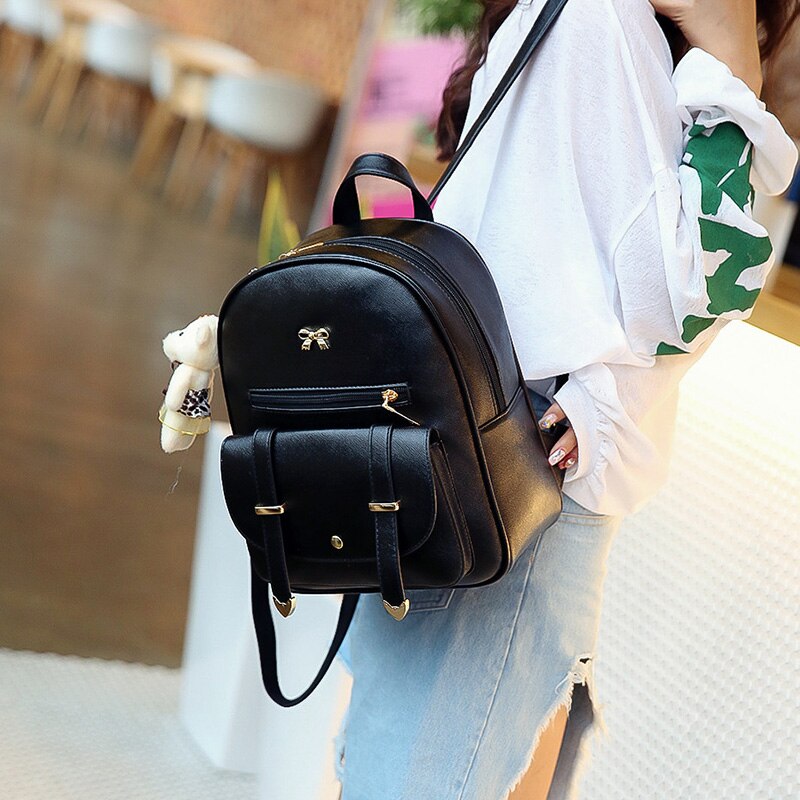 Women Backpacks Fashion PU Leather Shoulder Bag Solid Color Small Backpack School Backpack - ebowsos