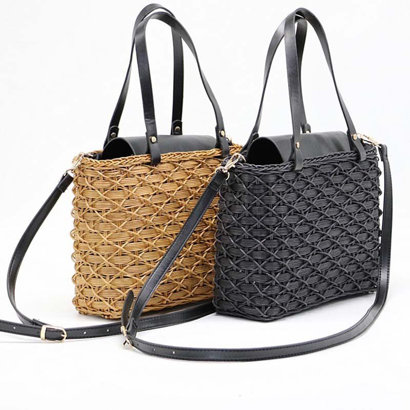 Women Bag Natural Rattan Shoulder Bag Beach Handbags Weaving Handmade Crossbody Bag - ebowsos