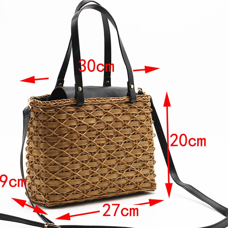 Women Bag Natural Rattan Shoulder Bag Beach Handbags Weaving Handmade Crossbody Bag - ebowsos