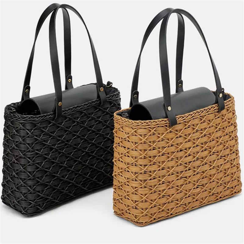 Women Bag Natural Rattan Shoulder Bag Beach Handbags Weaving Handmade Crossbody Bag - ebowsos