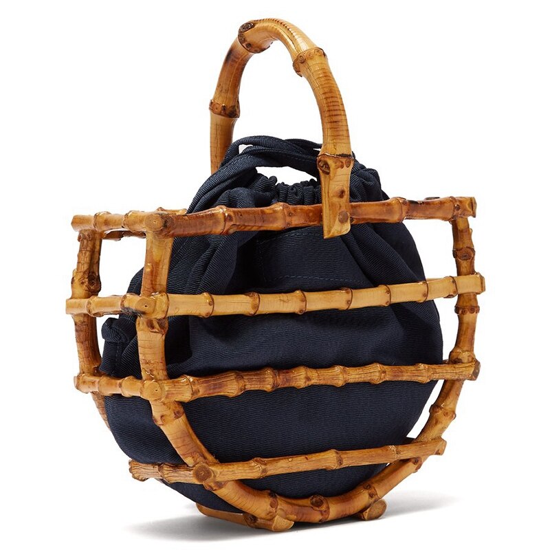 Women Bamboo Bucket Tassel Bag Handbag For Travel Wooden Beach Bag Ladies Bamboo And Rattan Bag For Summer - ebowsos