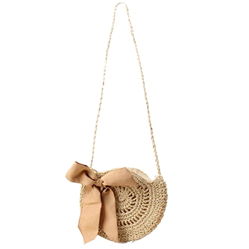 Women Beach Bag Round Straw Crochet Shoulder Summer Bag Purse - ebowsos
