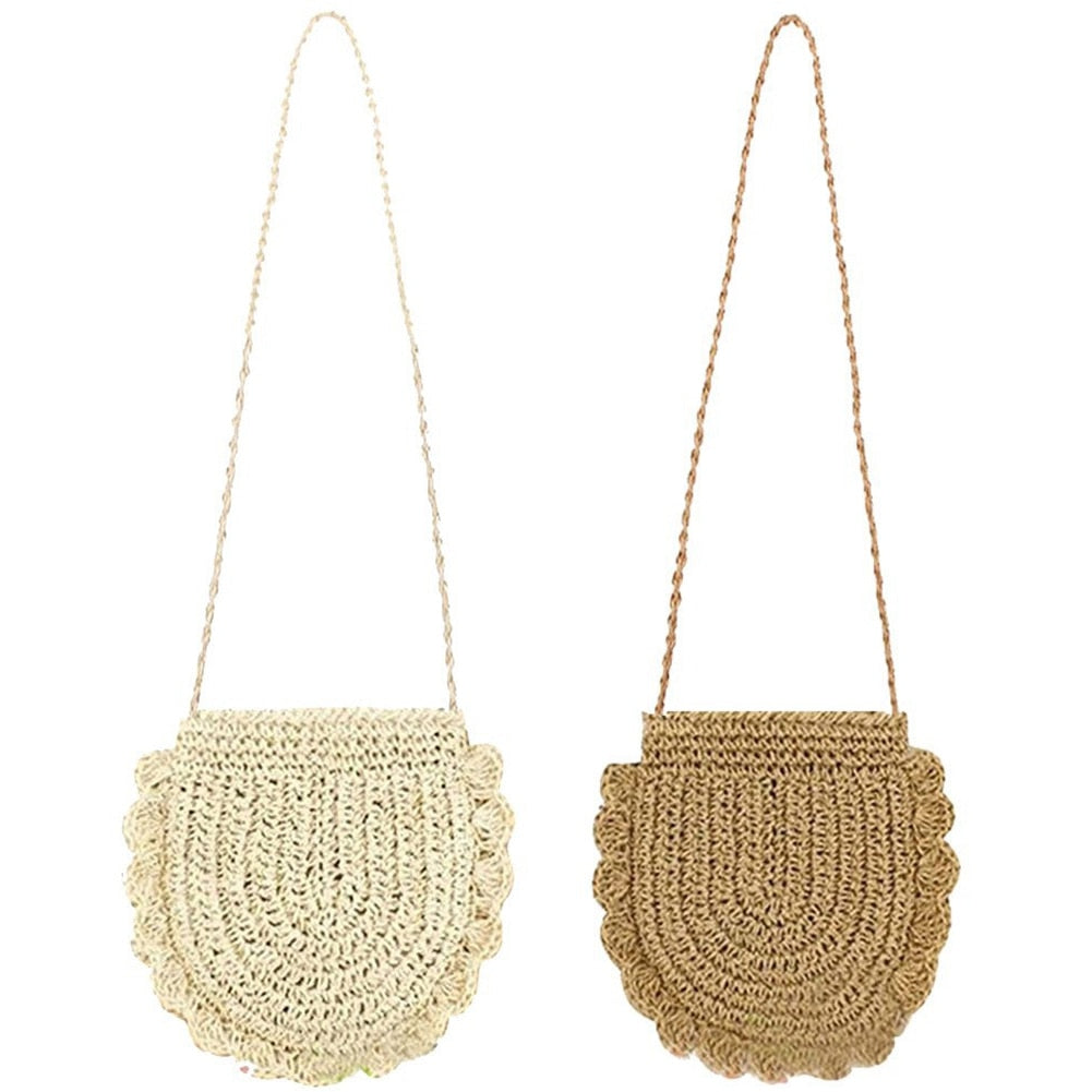 Women Beach Bag Round Straw Crochet Shoulder Summer Bag Purse - ebowsos