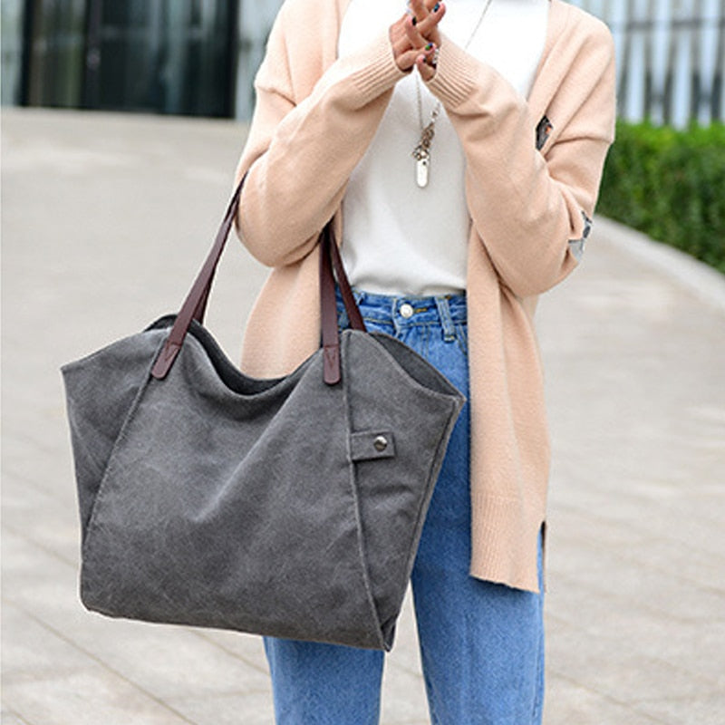 Women Canvas Shoulder Tote Bag Casual Simple Style Daily Bag Handbag - ebowsos