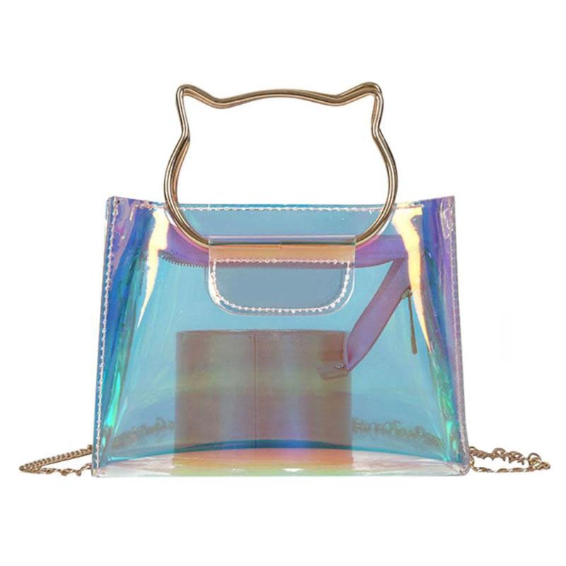 Women Cat Handle Laser Hologram Shoulder Bag Chain Clear High Quality Jelly Messenger Bags Fashion Female Crossbody Handb - ebowsos