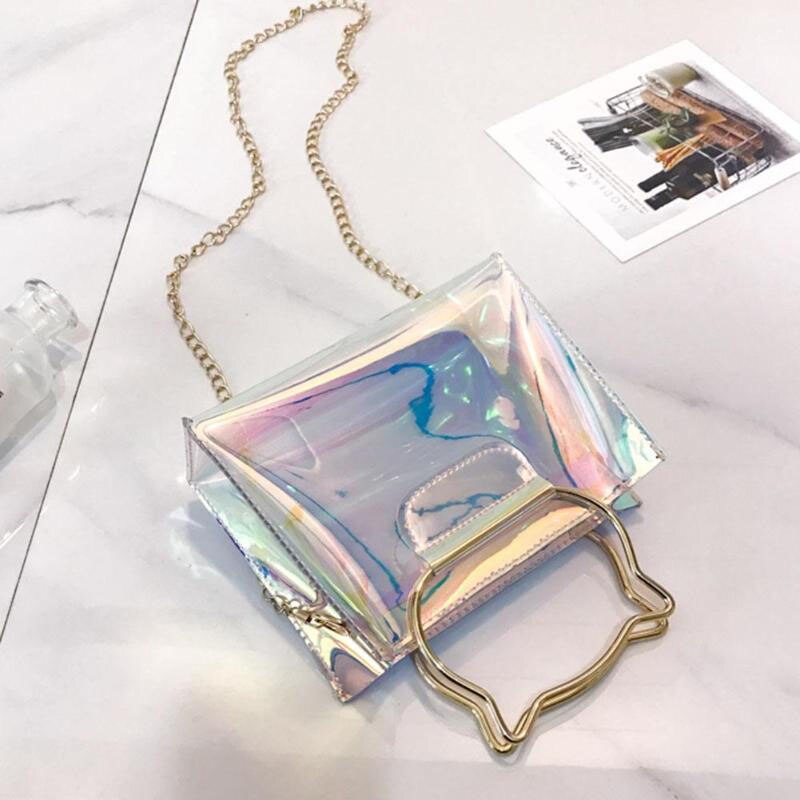 Women Cat Handle Laser Hologram Shoulder Bag Chain Clear High Quality Jelly Messenger Bags Fashion Female Crossbody Handb - ebowsos