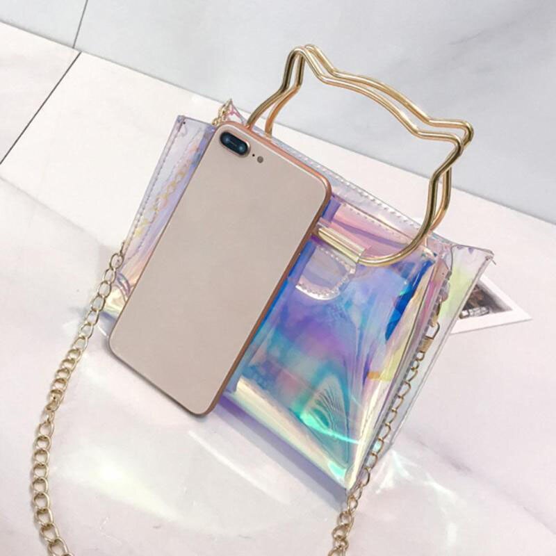 Women Cat Handle Laser Hologram Shoulder Bag Chain Clear High Quality Jelly Messenger Bags Fashion Female Crossbody Handb - ebowsos