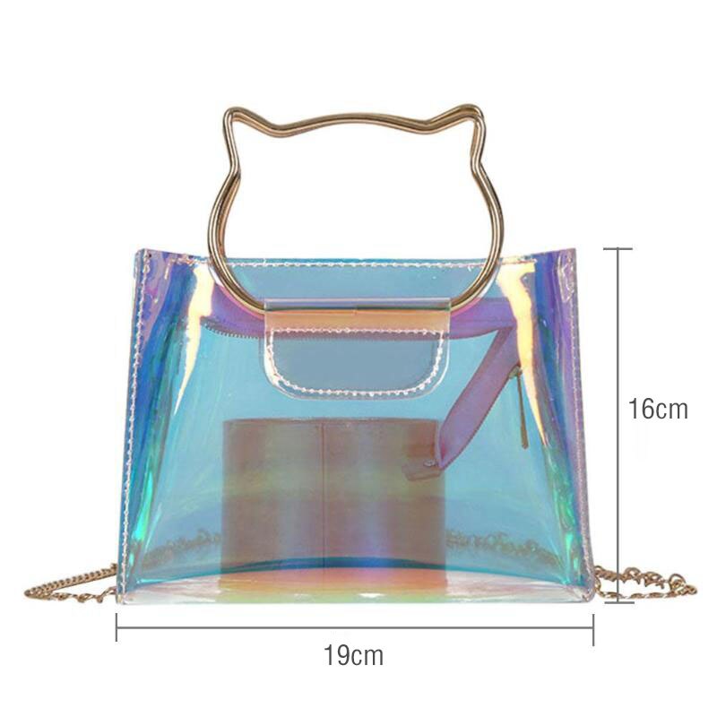 Women Cat Handle Laser Hologram Shoulder Bag Chain Clear High Quality Jelly Messenger Bags Fashion Female Crossbody Handb - ebowsos