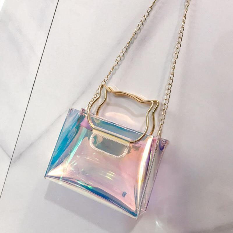 Women Cat Handle Laser Hologram Shoulder Bag Chain Clear High Quality Jelly Messenger Bags Fashion Female Crossbody Handb - ebowsos