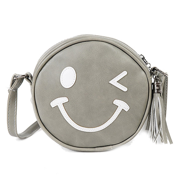 Women Circular Smile Face PU leather Shoulder Bag Women Messenger Bag Circle Crossbody Bags Women Handbag Round(gray) - ebowsos