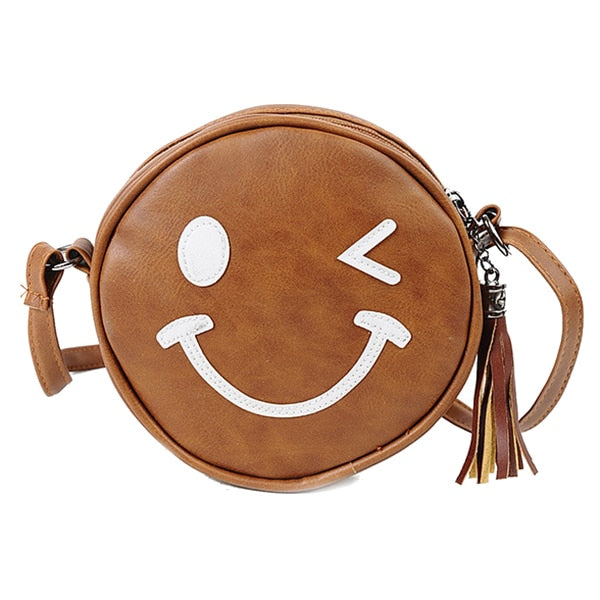 Women Circular Smile Face PU leather Shoulder Bag Women Messenger Bag Circle Crossbody Bags Women Handbag Round(gray) - ebowsos