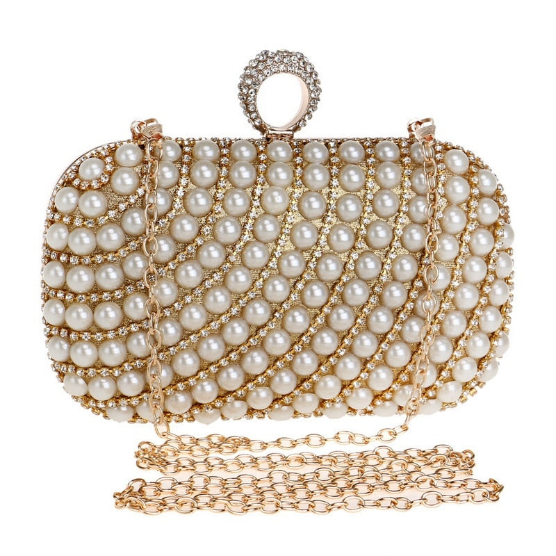 Women Clutch Glitter Evening bag Faux Pearl and Diamond Wedding/Special Occasion Evening Handbags(Gold) - ebowsos