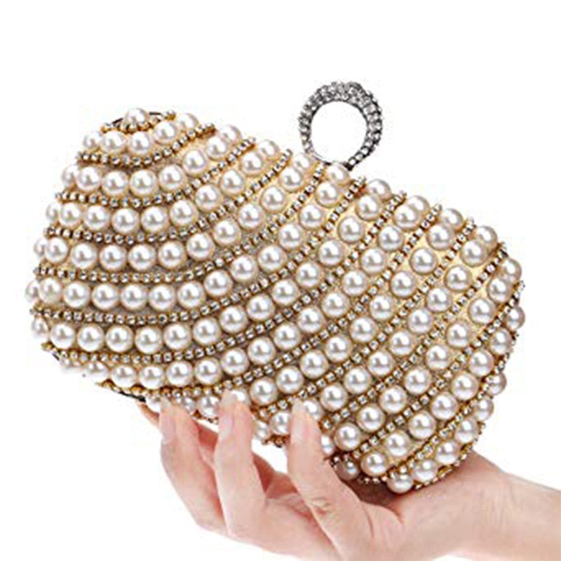 Women Clutch Glitter Evening bag Faux Pearl and Diamond Wedding/Special Occasion Evening Handbags(Gold) - ebowsos