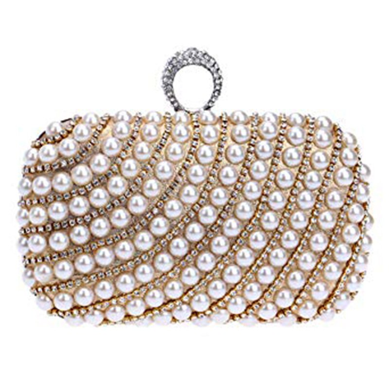 Women Clutch Glitter Evening bag Faux Pearl and Diamond Wedding/Special Occasion Evening Handbags(Gold) - ebowsos