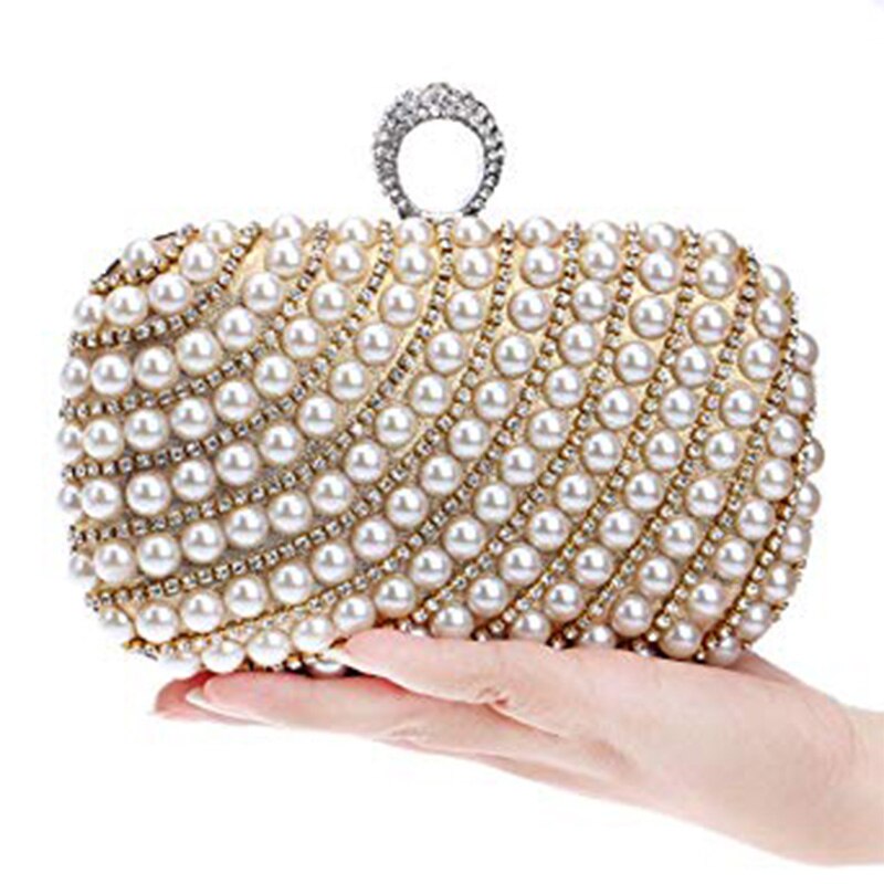 Women Clutch Glitter Evening bag Faux Pearl and Diamond Wedding/Special Occasion Evening Handbags(Gold) - ebowsos