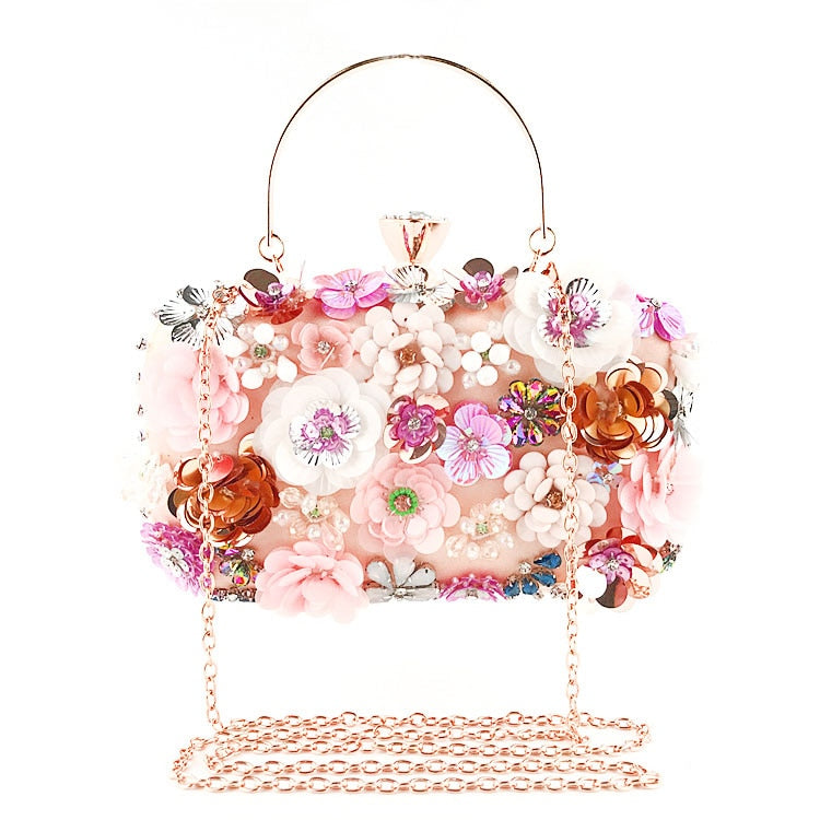 Women Clutches Colorful Flower Evening Bag Sequins Satin Evening Clutch - ebowsos