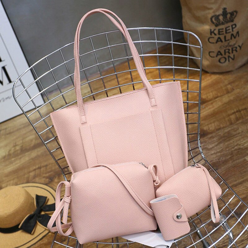 Women Fashion PU Leather Handbag Shoulder Bag Purse Card Holder 4pcs Set Tote Bags - ebowsos