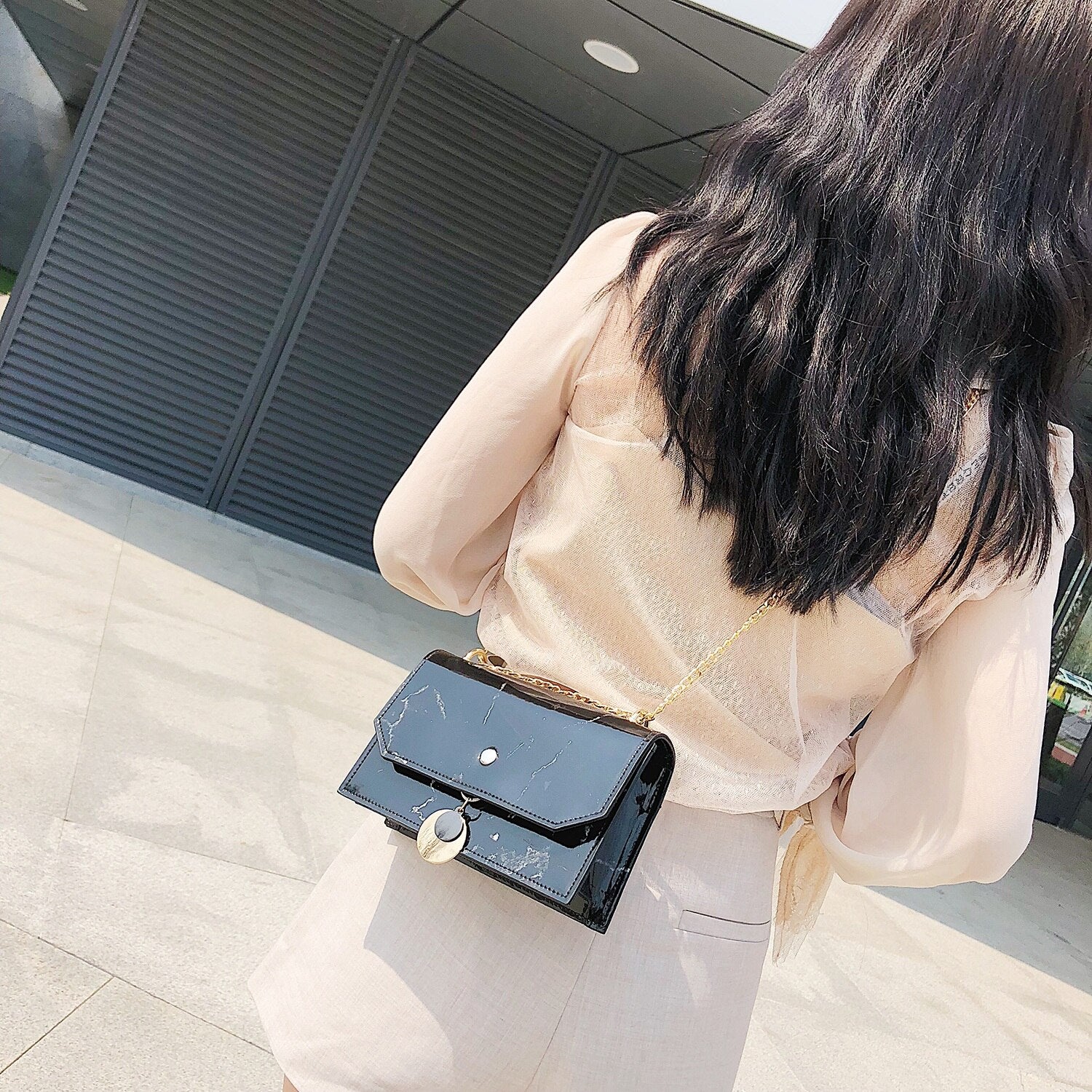 Women Fashion Summer Marble Pattern Glossy Leather Chic Chain Bag Shoulder Bag Handbags Messenger Bag - ebowsos