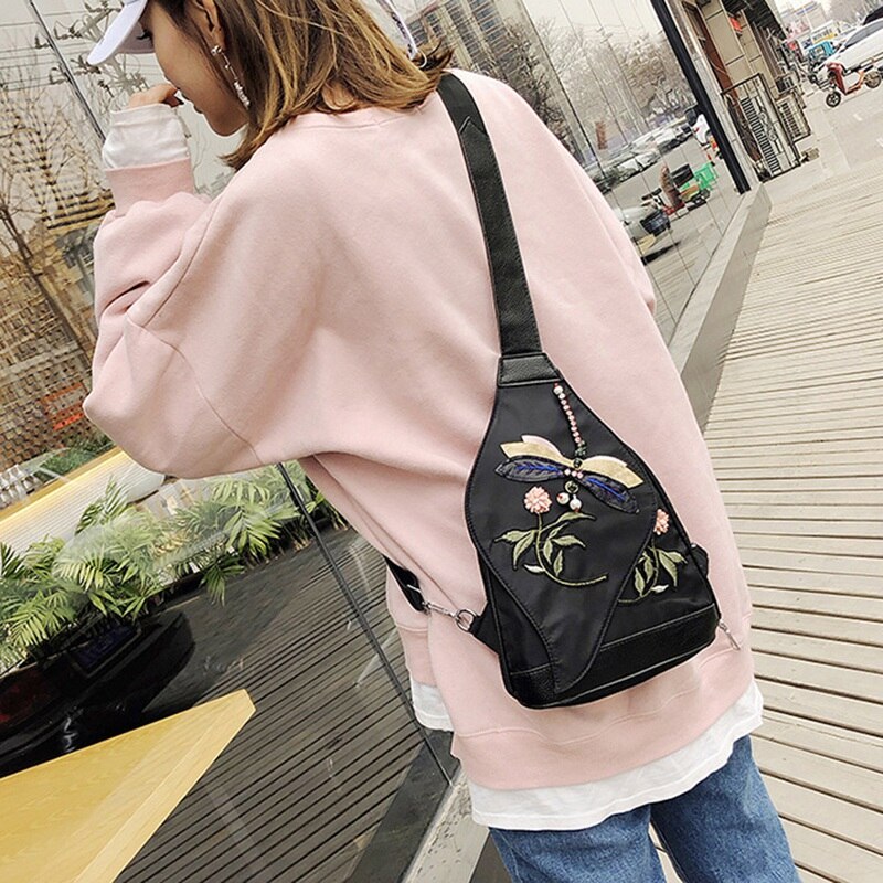 Women Girl Oxford Cloth School Bag Printing Satchel Women Trave Shoulder Bag Embroidered Chest Bag - ebowsos