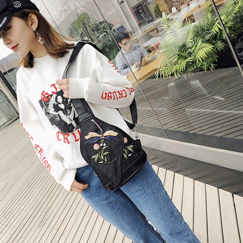 Women Girl Oxford Cloth School Bag Printing Satchel Women Trave Shoulder Bag Embroidered Chest Bag - ebowsos