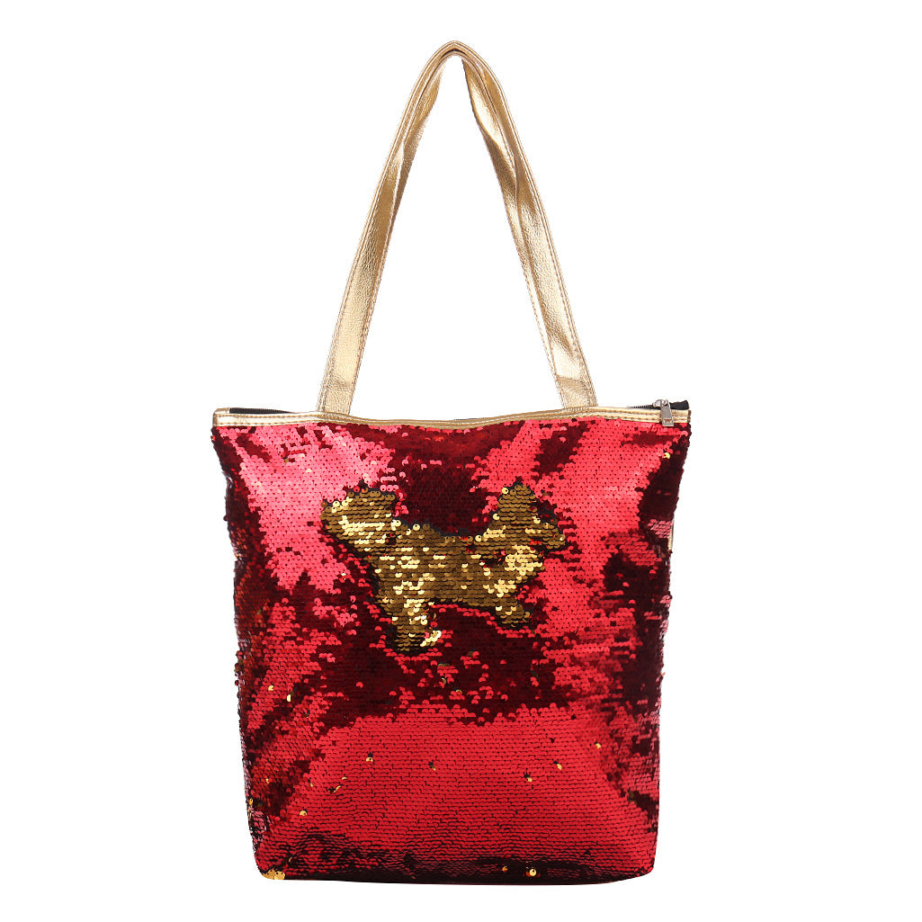 Women Girl Sequins Glitter Mermaid School Travel Rucksack Shoulder Bag(Red+Gold) - ebowsos