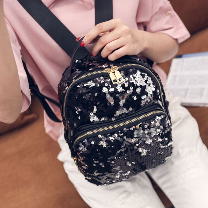 Women Girls New Backpack Fashion Sequins PU Leather Rucksack Shoulder School Bag - ebowsos