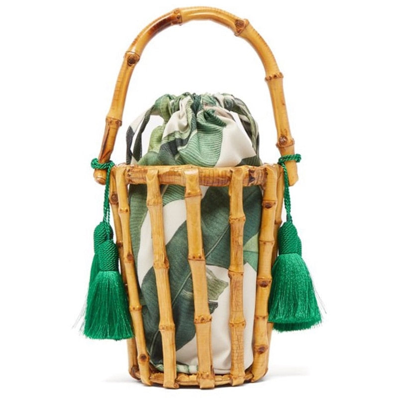 Women Handbag Bamboo Bag Female Totes Woven Bucket Hollow Beach Bags Ladies Purse Summer - ebowsos