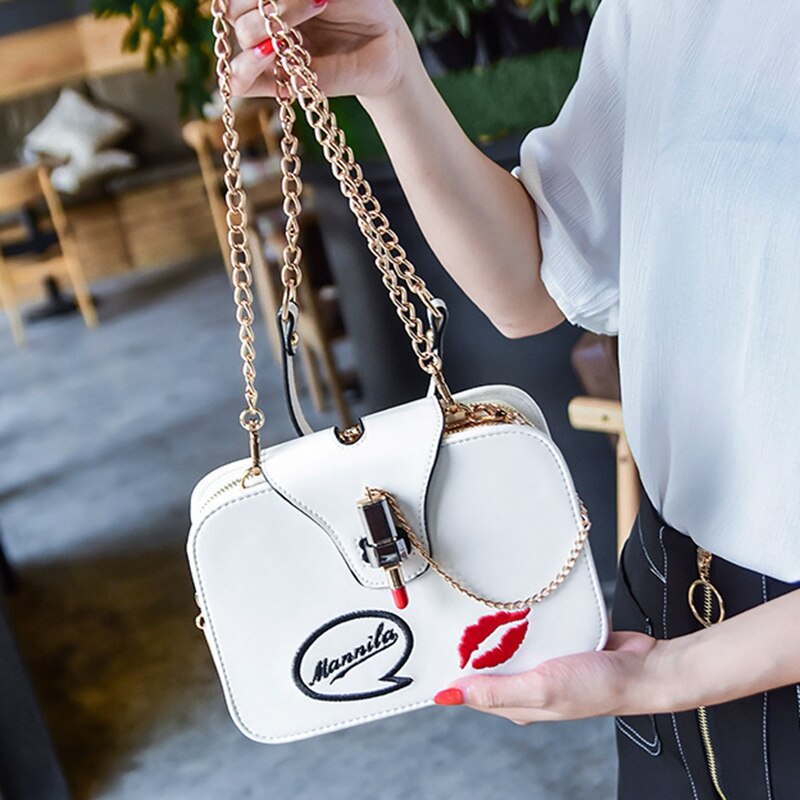 Women Handbag Leather Women Shoulder Bag Small Crossbody Handbag Embroidered Lipstick Chain Design Casual Bags Satchel - ebowsos