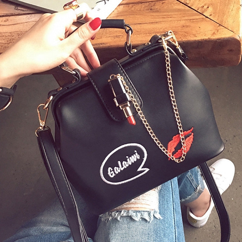 Women Handbag PU Women Shoulder Bag Small Doctor Crossbody Handbag Embroidered Lipstick Chain Design Casual Bags Satchel - ebowsos