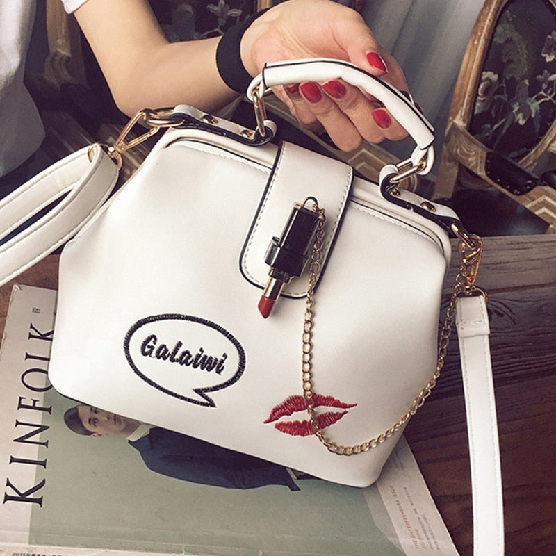 Women Handbag PU Women Shoulder Bag Small Doctor Crossbody Handbag Embroidered Lipstick Chain Design Casual Bags Satchel - ebowsos