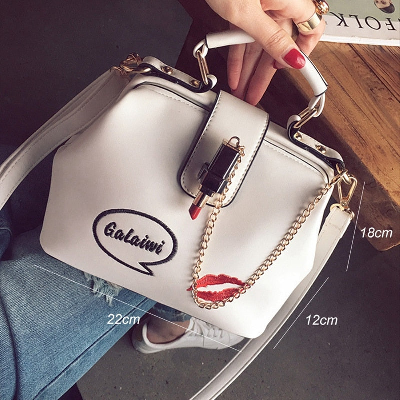 Women Handbag PU Women Shoulder Bag Small Doctor Crossbody Handbag Embroidered Lipstick Chain Design Casual Bags Satchel - ebowsos