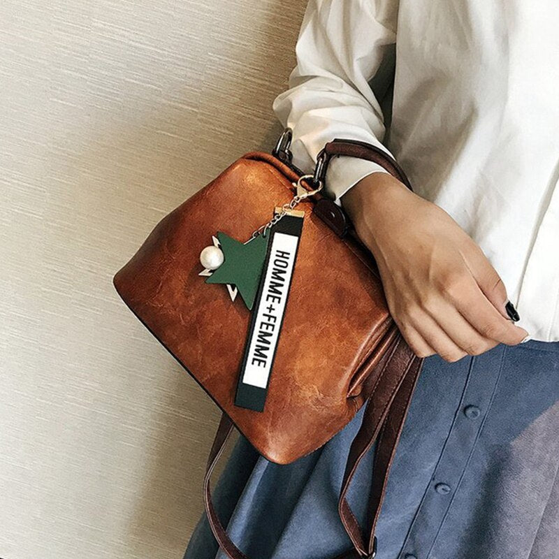 Women Handbag Pu Leather Shoulder Bag Female Doctor Crossbody Handbag Star Pendant Tassel Rivets Casual Famous Brand Wome - ebowsos