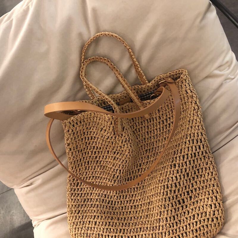 Women Handbag Summer Fresh Woven Handmade Grass Casual Tote Knitted Rattan Bags Beach Bag Designer - ebowsos