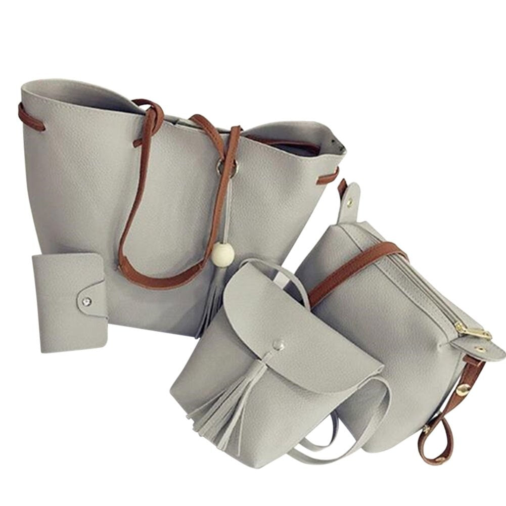 Women Handbags 4Pcs Set Pu Leather Tote Bag Shoulder Crossbody Bag Purse Purse With Tassels - ebowsos