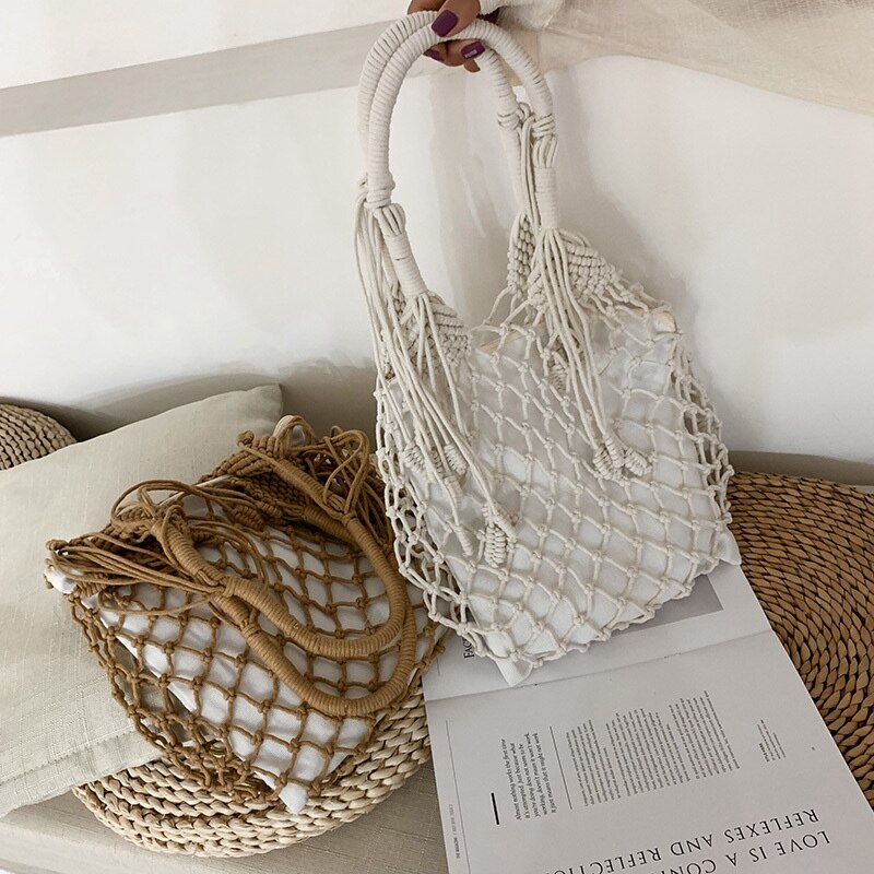 Women Handbags Mesh Rope Net Bags Ins Chic Summer Beach Bags Cotton Hollow Out Basket Composite Bag Leisure Straw Bag For - ebowsos