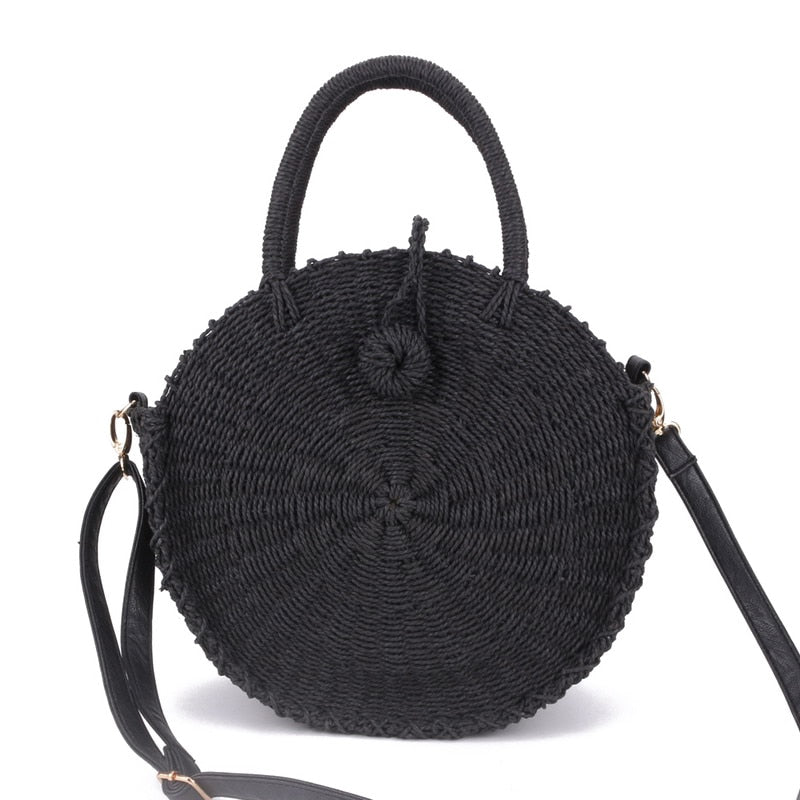 Women Handmade Round Beach Shoulder Bag Bali Circle Straw Bags Summer Woven Rattan Handbags Women Messenger Bag - ebowsos