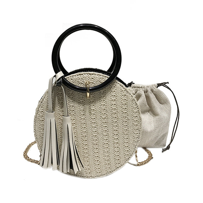 Women Handmade Round Beach Shoulder Bag Circle Straw Bags Summer Woven Rattan Handbags Women Messenger Bags(white) - ebowsos